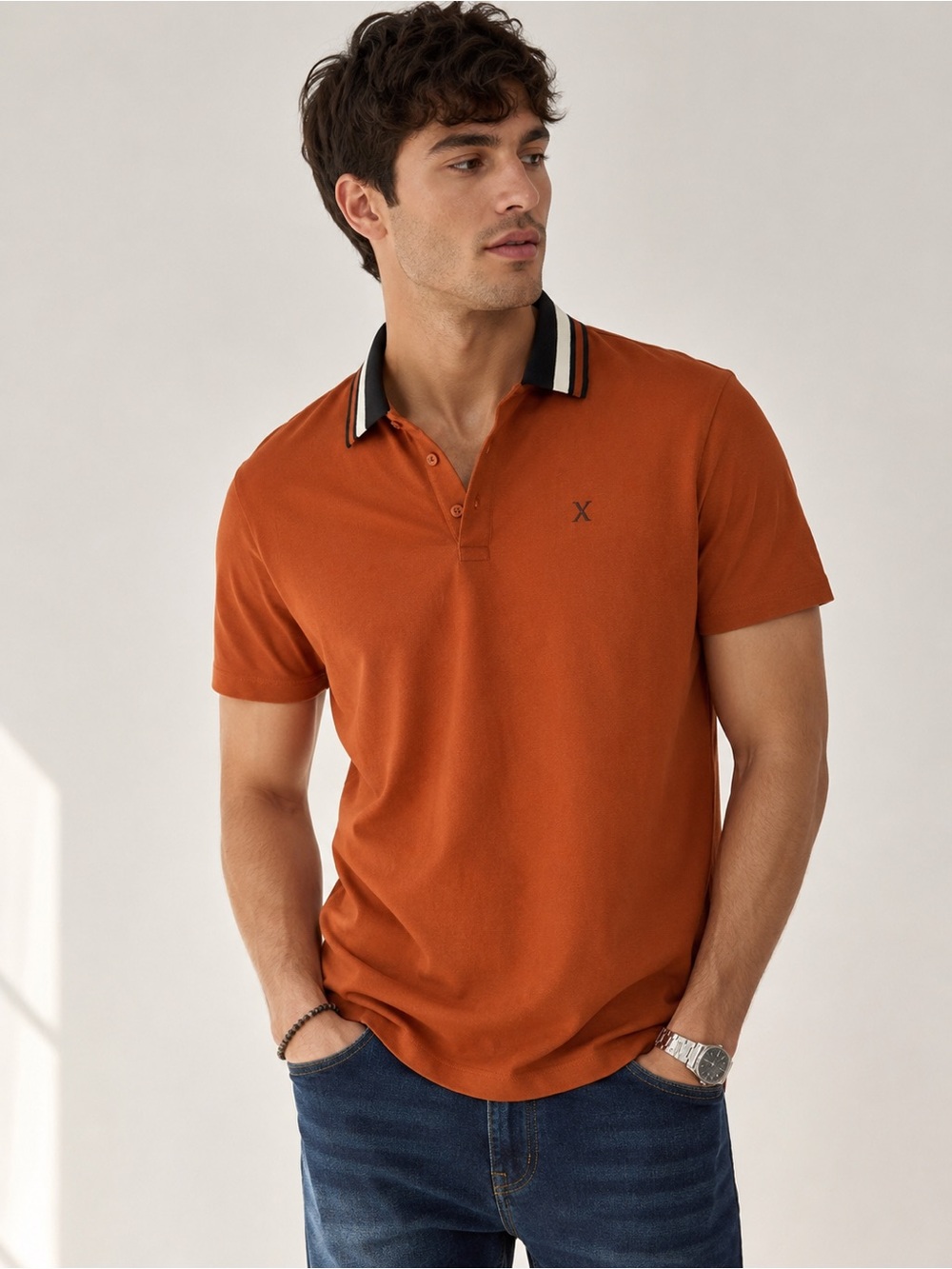 Express Men's Rust Polo with Black-Trim Collar